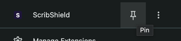 Browser extension menu showing how to pin ScribShield to the toolbar